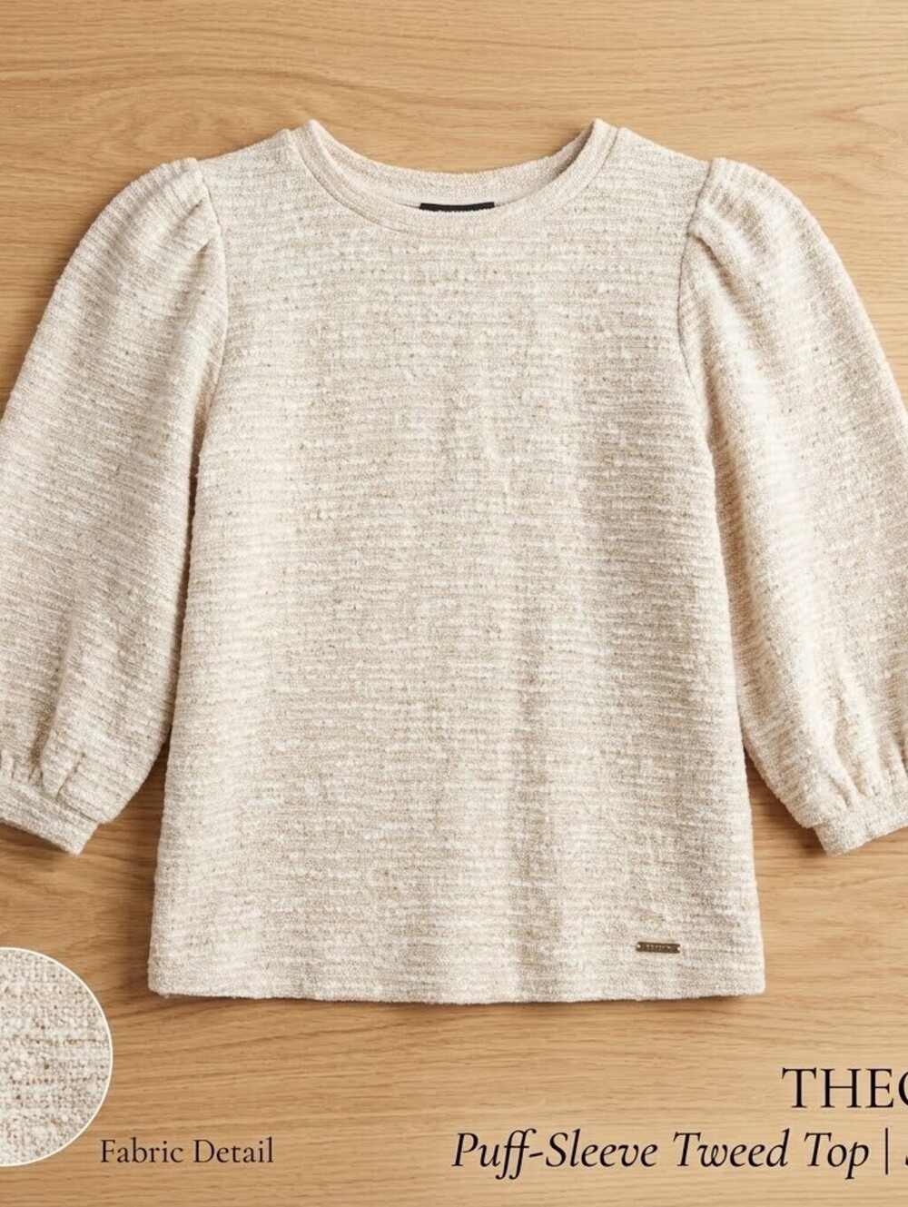 Anne Klein Women’s Beige Crew Neck Solid Knit Puff 3/4 Sleeve Sweater Size S